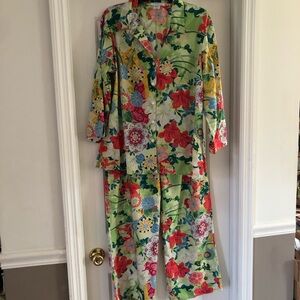 Natori Private Luxuries Pajama Set Green Tropical Floral Size L